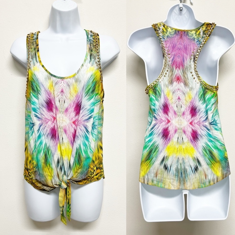 Bebe Womens Lightweight Colorful Tie-Dye Studded Chain Tie Up Tank Top Size XXS